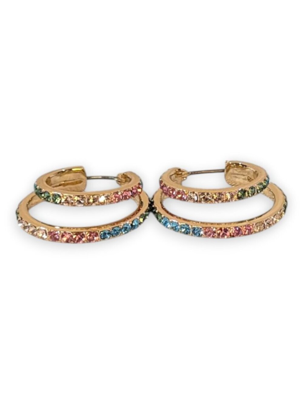 Karl Lagerfeld Gold Hoop Earrings With Multicolor Rainbow Stones - Picture 2 of 10